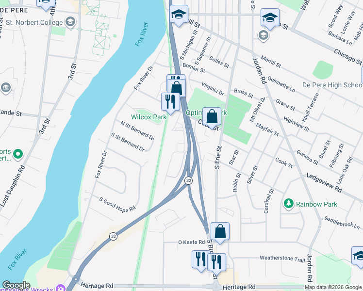 map of restaurants, bars, coffee shops, grocery stores, and more near 1011 Coral Street in De Pere