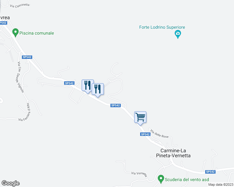 map of restaurants, bars, coffee shops, grocery stores, and more near 42 Località la Pineta in Carmine-la Pineta-vernetta