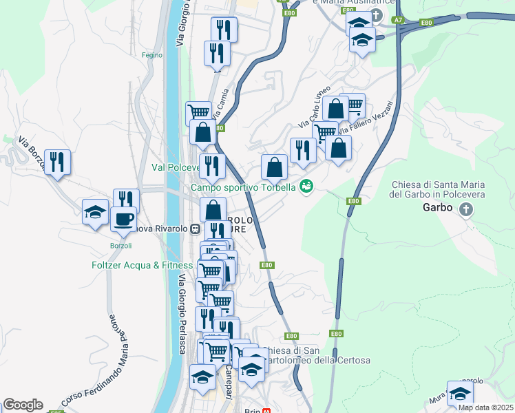 map of restaurants, bars, coffee shops, grocery stores, and more near 40 Via Faliero Vezzani in Genova