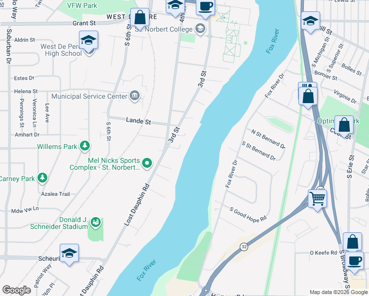 map of restaurants, bars, coffee shops, grocery stores, and more near 221 Belle Avenue in De Pere