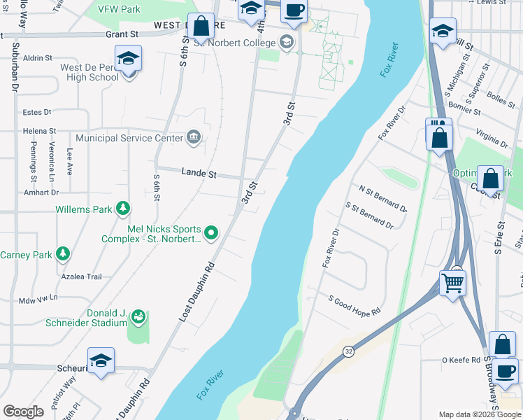 map of restaurants, bars, coffee shops, grocery stores, and more near 221 Belle Avenue in De Pere