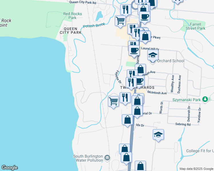 map of restaurants, bars, coffee shops, grocery stores, and more near 1 Olde Orchard Park in South Burlington