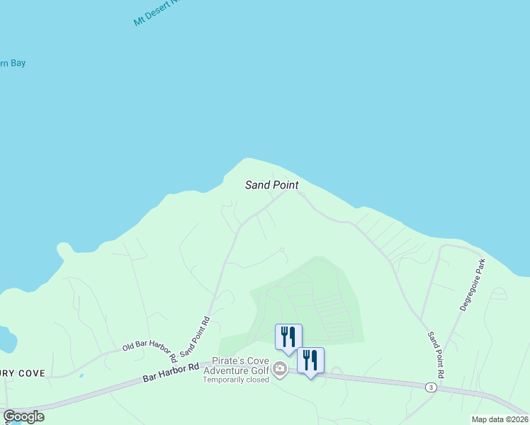 map of restaurants, bars, coffee shops, grocery stores, and more near 195 Sand Point Road in Bar Harbor