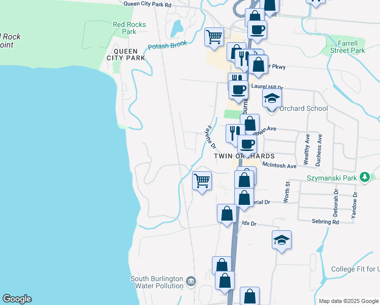 map of restaurants, bars, coffee shops, grocery stores, and more near 1 Olde Orchard Park in South Burlington