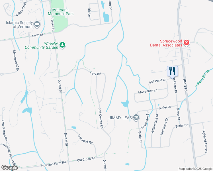 map of restaurants, bars, coffee shops, grocery stores, and more near 144 Park Road in South Burlington