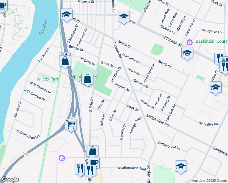 map of restaurants, bars, coffee shops, grocery stores, and more near 914 Robin Street in De Pere