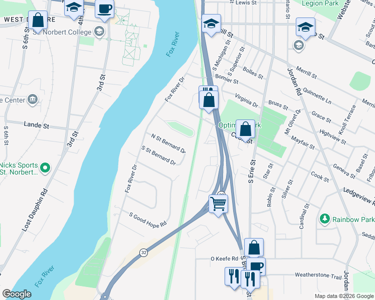 map of restaurants, bars, coffee shops, grocery stores, and more near 453 North Saint Bernard Drive in De Pere