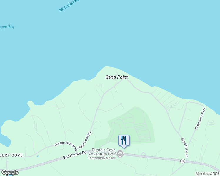 map of restaurants, bars, coffee shops, grocery stores, and more near 195 Sand Point Road in Bar Harbor