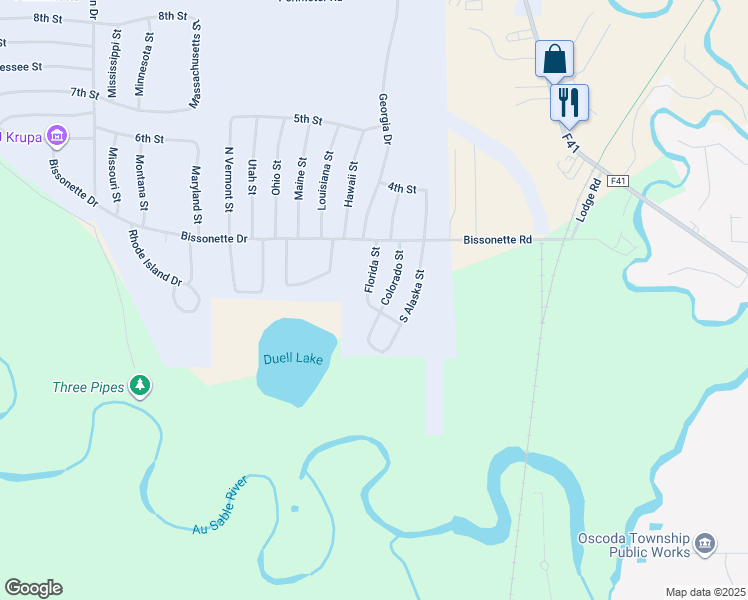 map of restaurants, bars, coffee shops, grocery stores, and more near 8212 Florida Street in Oscoda