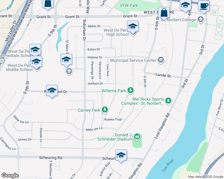 map of restaurants, bars, coffee shops, grocery stores, and more near 1109 Outward Avenue in De Pere