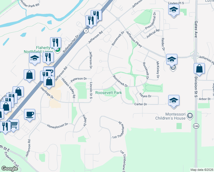 map of restaurants, bars, coffee shops, grocery stores, and more near 1940 Roosevelt Drive in Northfield