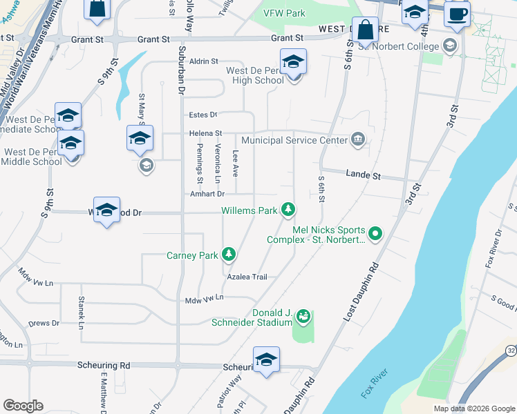 map of restaurants, bars, coffee shops, grocery stores, and more near 1109 Outward Avenue in De Pere