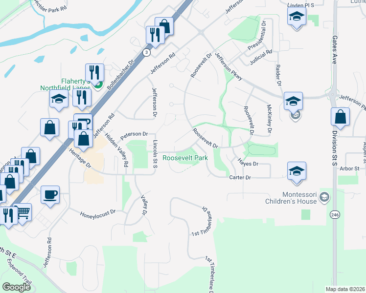 map of restaurants, bars, coffee shops, grocery stores, and more near 1940 Roosevelt Drive in Northfield