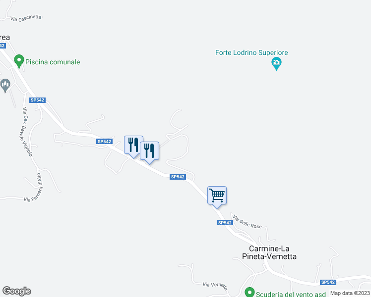 map of restaurants, bars, coffee shops, grocery stores, and more near 42 Località la Pineta in Carmine-la Pineta-vernetta