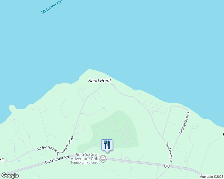map of restaurants, bars, coffee shops, grocery stores, and more near 150 Sand Point Road in Bar Harbor