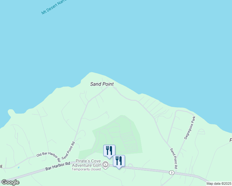 map of restaurants, bars, coffee shops, grocery stores, and more near 150 Sand Point Road in Bar Harbor