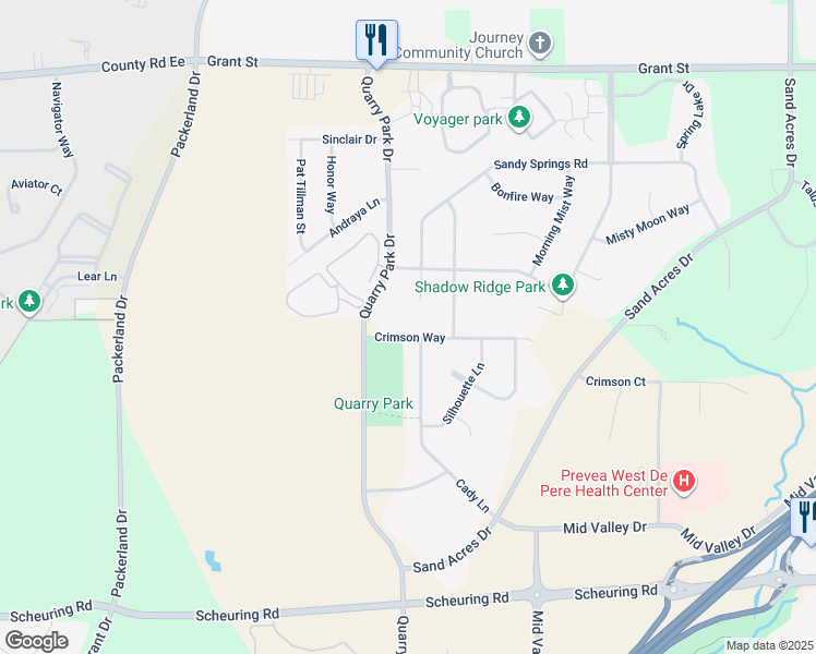 map of restaurants, bars, coffee shops, grocery stores, and more near 2042 Crimson Way in De Pere