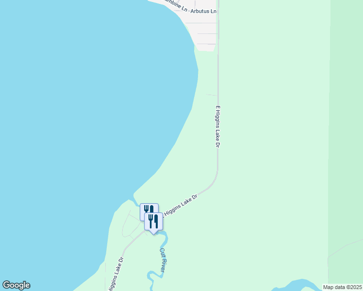 map of restaurants, bars, coffee shops, grocery stores, and more near 1605 East Higgins Lake Drive in Roscommon