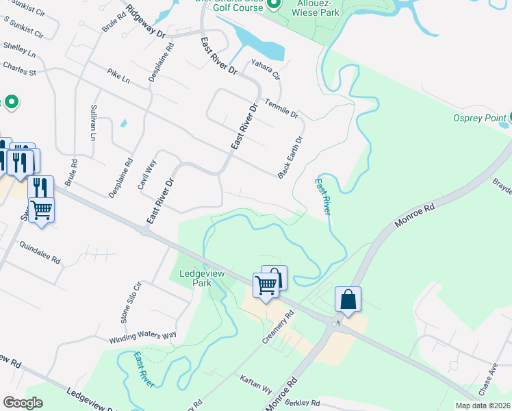 map of restaurants, bars, coffee shops, grocery stores, and more near 2082 River Point Court in De Pere