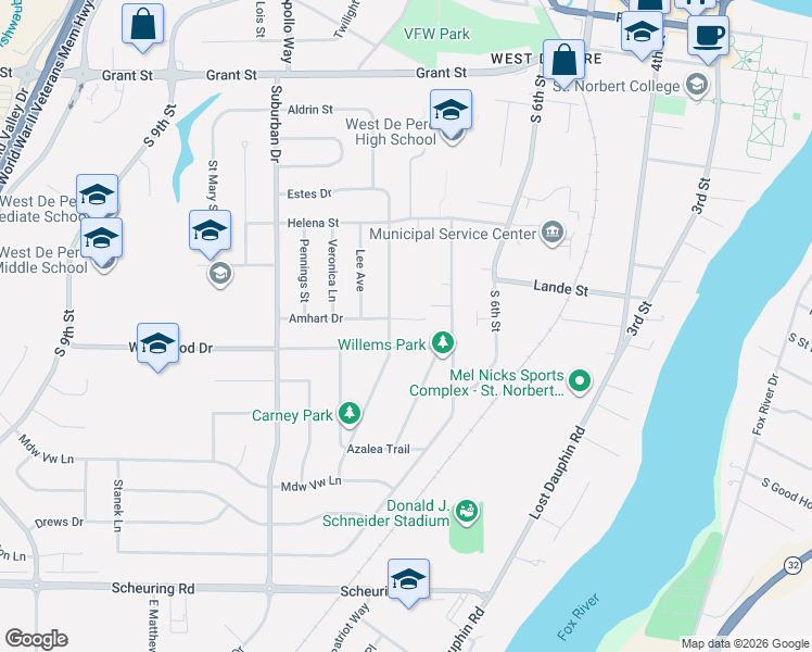 map of restaurants, bars, coffee shops, grocery stores, and more near 1109 Outward Avenue in De Pere