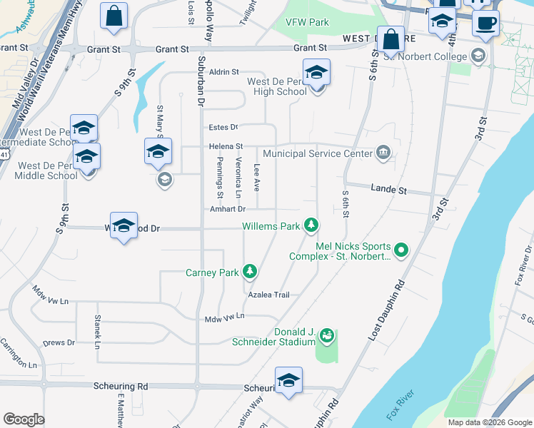 map of restaurants, bars, coffee shops, grocery stores, and more near 1109 Outward Avenue in De Pere