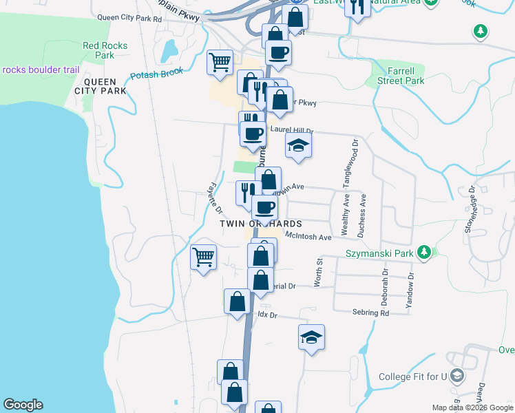map of restaurants, bars, coffee shops, grocery stores, and more near Shelburne Road in South Burlington