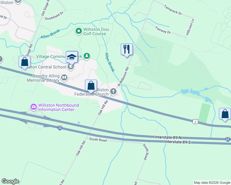 map of restaurants, bars, coffee shops, grocery stores, and more near 1 North Williston Road in Williston