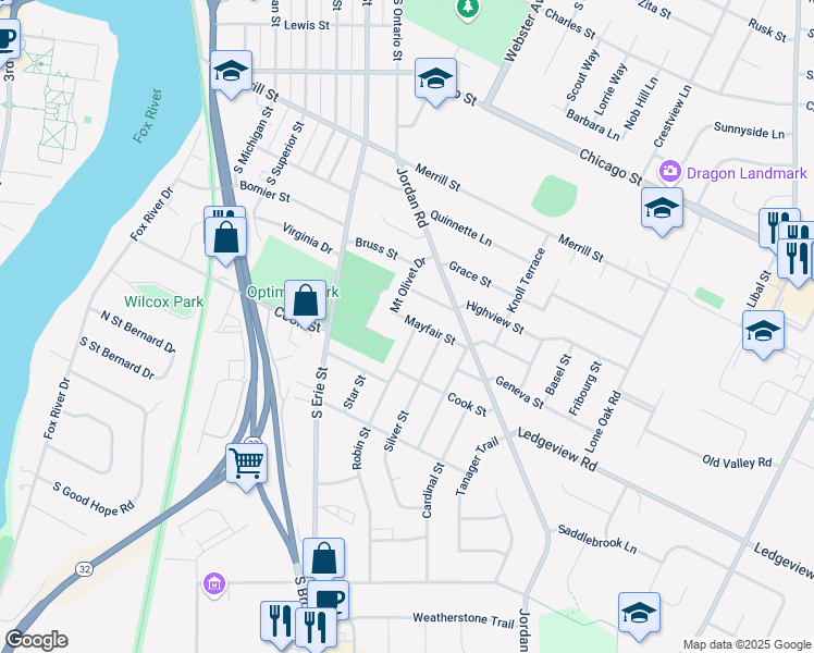 map of restaurants, bars, coffee shops, grocery stores, and more near 914 Robin Street in De Pere