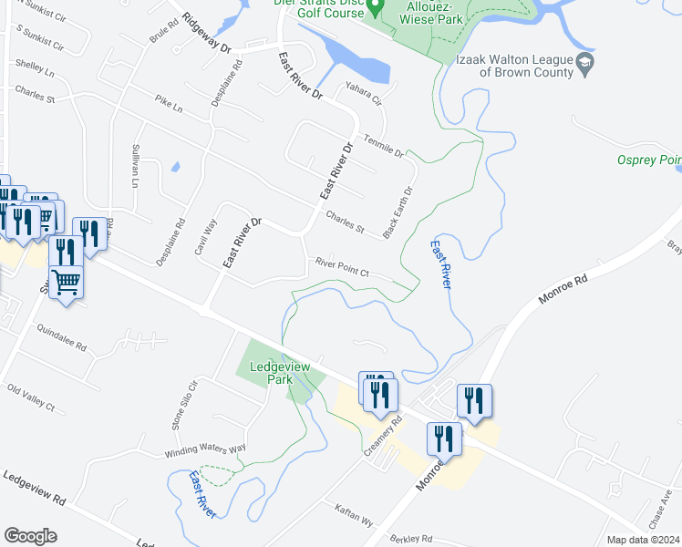 map of restaurants, bars, coffee shops, grocery stores, and more near 2082 River Point Court in De Pere