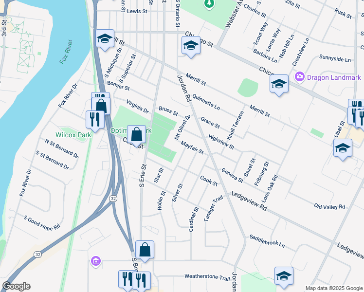 map of restaurants, bars, coffee shops, grocery stores, and more near 914 Robin Street in De Pere