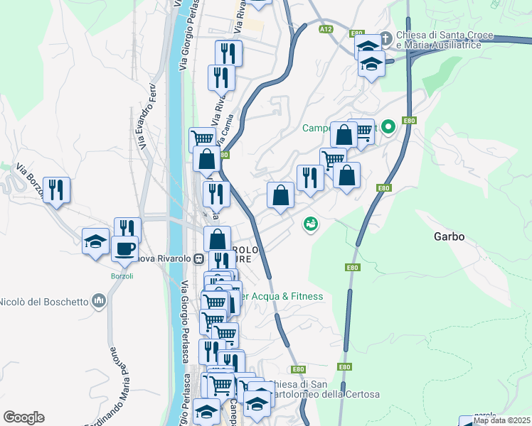 map of restaurants, bars, coffee shops, grocery stores, and more near 40 Via Faliero Vezzani in Genoa