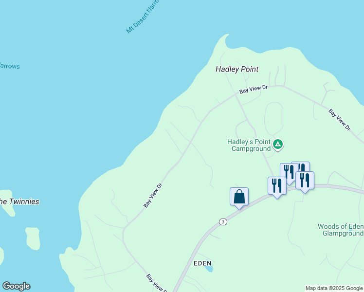 map of restaurants, bars, coffee shops, grocery stores, and more near 285 Bay View Drive in Bar Harbor