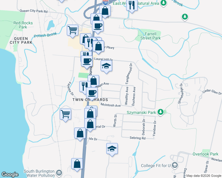 map of restaurants, bars, coffee shops, grocery stores, and more near 26 Baldwin Avenue in South Burlington