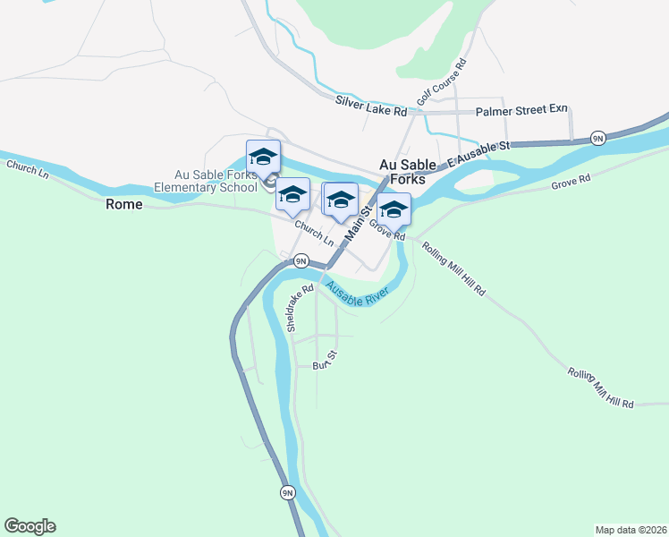 map of restaurants, bars, coffee shops, grocery stores, and more near 3 Church Ln in Au Sable Forks