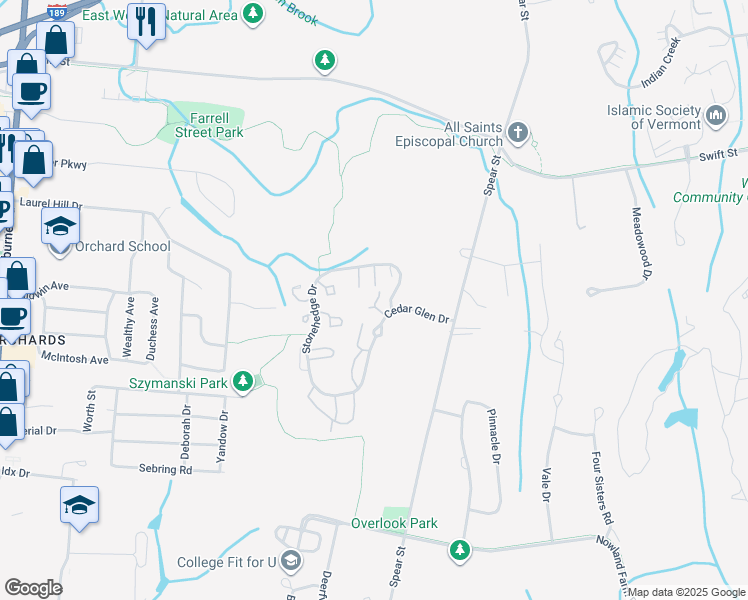map of restaurants, bars, coffee shops, grocery stores, and more near g3 Stonehedge Drive in South Burlington