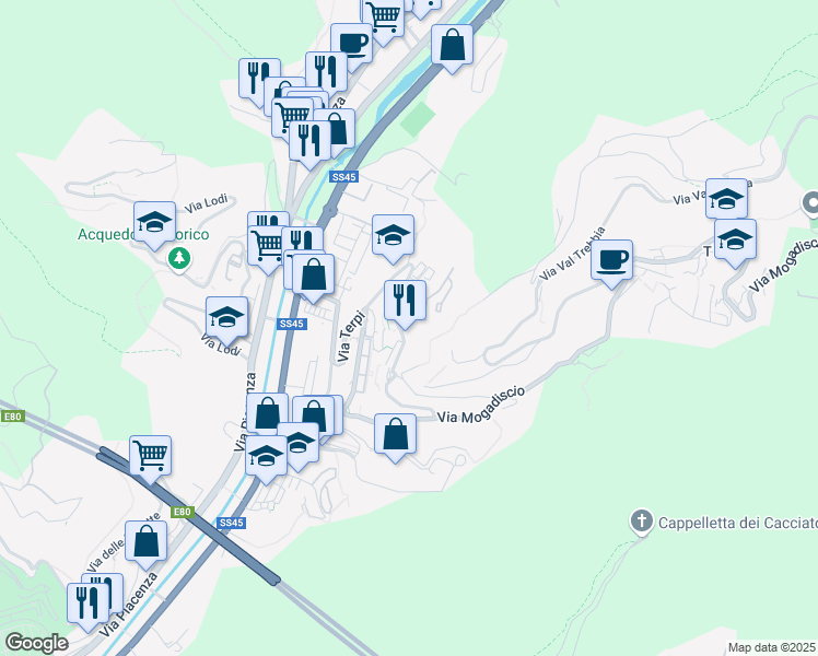 map of restaurants, bars, coffee shops, grocery stores, and more near 36 Via Terpi in Genova