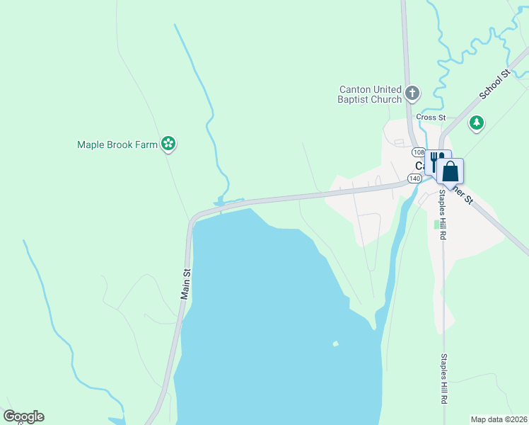 map of restaurants, bars, coffee shops, grocery stores, and more near 121 Main Street in Canton