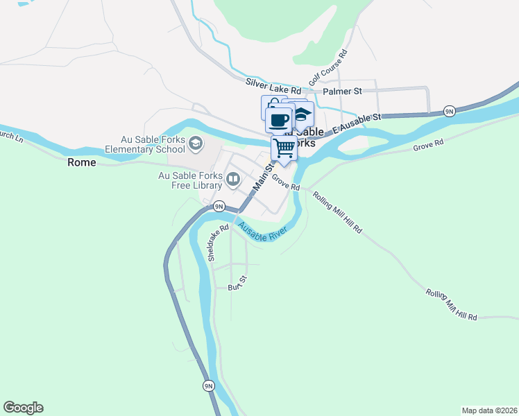 map of restaurants, bars, coffee shops, grocery stores, and more near 3 School St in Au Sable Forks