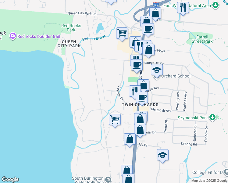 map of restaurants, bars, coffee shops, grocery stores, and more near in South Burlington