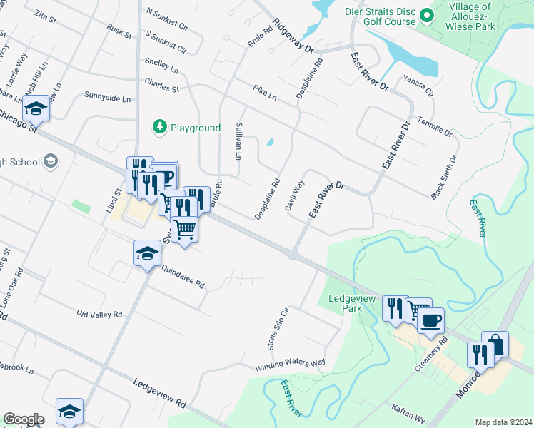 map of restaurants, bars, coffee shops, grocery stores, and more near 290 Desplaine Road in De Pere