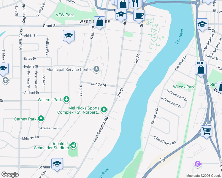 map of restaurants, bars, coffee shops, grocery stores, and more near 920 4th Street in De Pere