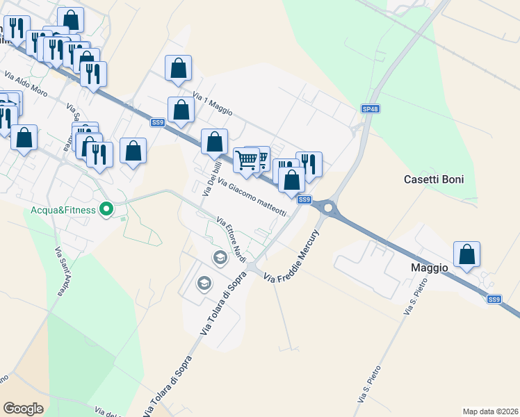 map of restaurants, bars, coffee shops, grocery stores, and more near 9 Via Giacomo Matteotti in Ozzano dell'Emilia