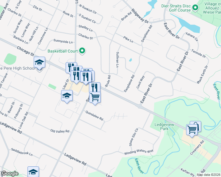 map of restaurants, bars, coffee shops, grocery stores, and more near 334 Desplaine Road in De Pere