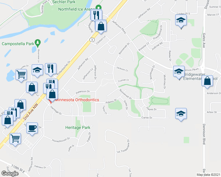 map of restaurants, bars, coffee shops, grocery stores, and more near 1900 Roosevelt Drive in Northfield