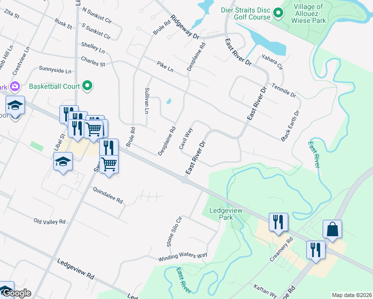 map of restaurants, bars, coffee shops, grocery stores, and more near 214 East River Drive in De Pere
