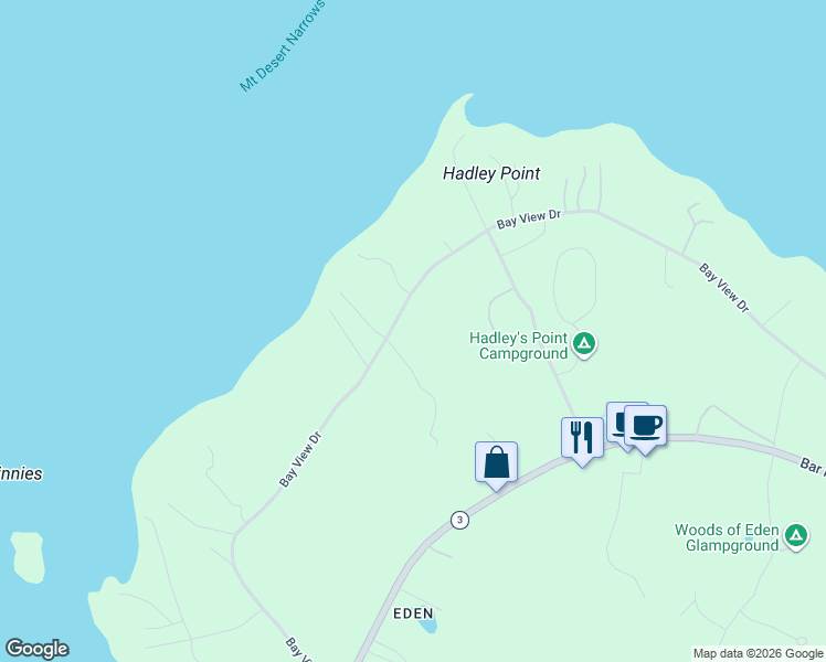 map of restaurants, bars, coffee shops, grocery stores, and more near 248 Bay View Drive in Bar Harbor