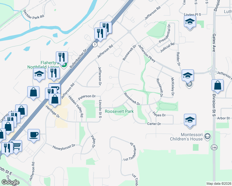 map of restaurants, bars, coffee shops, grocery stores, and more near 1900 Roosevelt Drive in Northfield