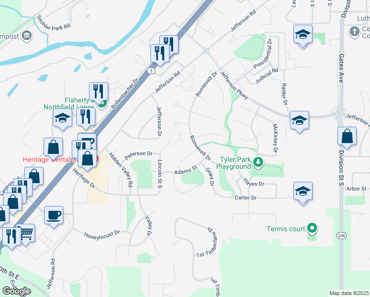 map of restaurants, bars, coffee shops, grocery stores, and more near 1900 Roosevelt Drive in Northfield