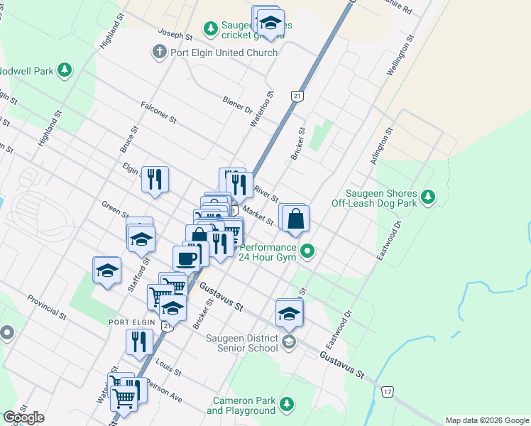 map of restaurants, bars, coffee shops, grocery stores, and more near 641 Market Street in Saugeen Shores