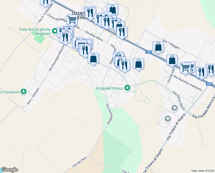 map of restaurants, bars, coffee shops, grocery stores, and more near 11 Via Dozza Giuseppe in Ozzano Dell`Emilia